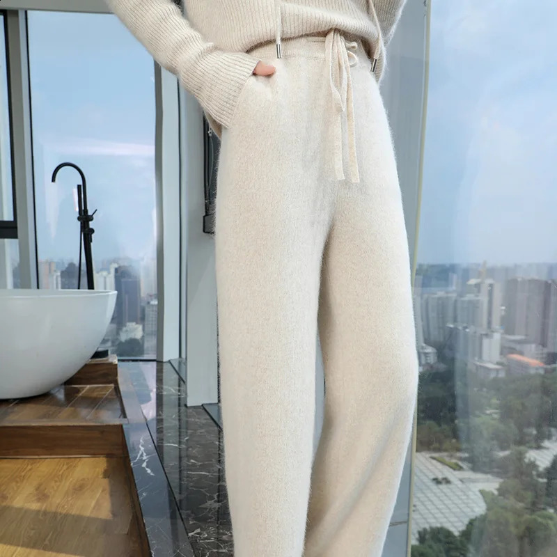 Mink cashmere pants for women in autumn and winter high waisted straight pants fashionable and casual knitted wide leg pants mop pants 241202