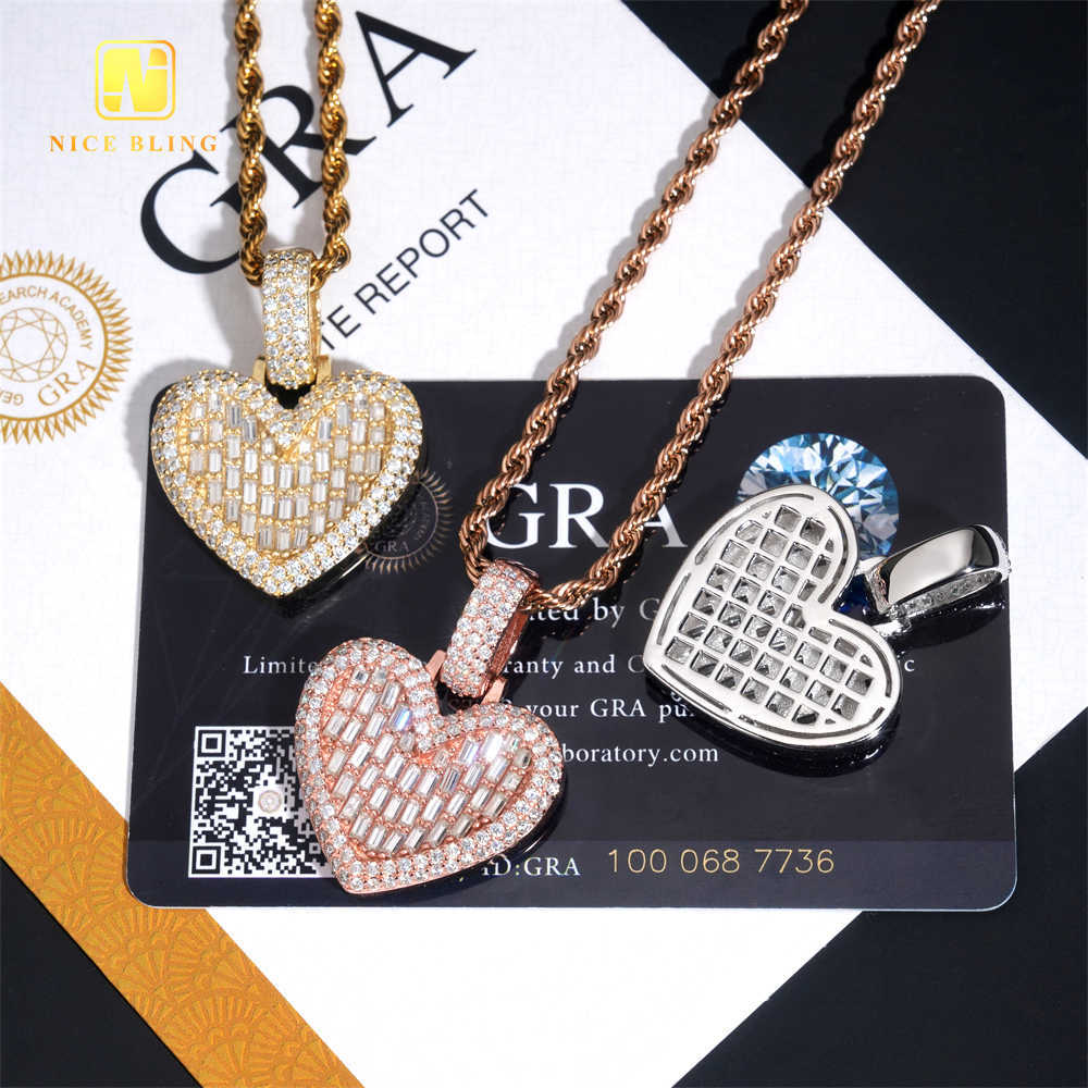 Ready to Ship Valentines Day Gift 2025 Heart Pendant Moissanite Pendant Baguette Pass Diamond Tester Hip Hop iced out Pendant