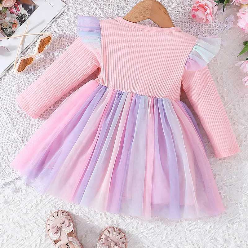 Toddler Kids Girls Spring Princess Dress Long Sleeve Ruffle Tulle Dress Patchwork Dress with BowXJ241206
