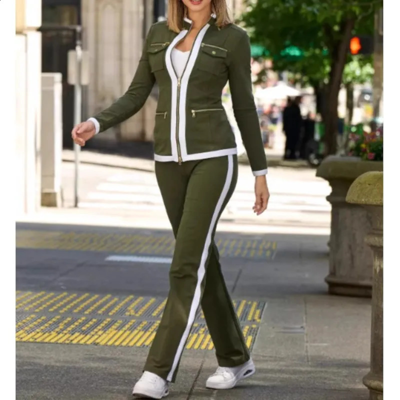 Autumn Fashion Two Pice Set Color Blocking Zipper Elegant Office Pencil Knitted Suit Casual Bodycon Pants Vestido 241205
