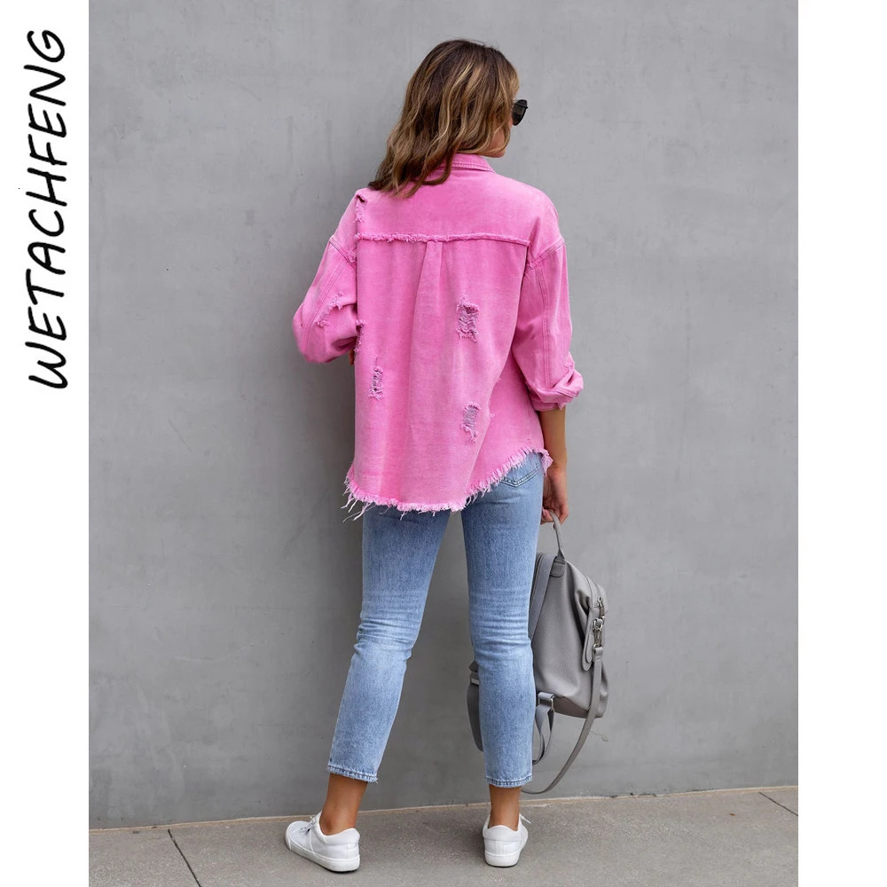 Womens autumn pink jacket long sleeved casual pocket lapel frayed hole tassel denim Korean clothing 241206