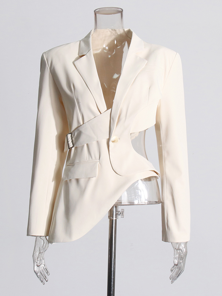 Hollow Out Backless Slimming Blazers For Women Notched Collar Long Sleeve Spliced Button Irregular Blazer Female
