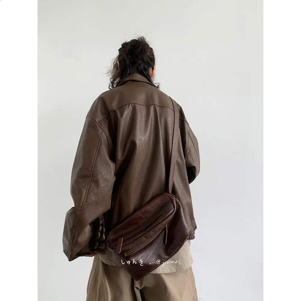 Autumn Winter Vintage Oversized Cool Brown Black Soft Pu Leather Jacket Men Pockets Loose Casual Unisex Clothes 2024 241202