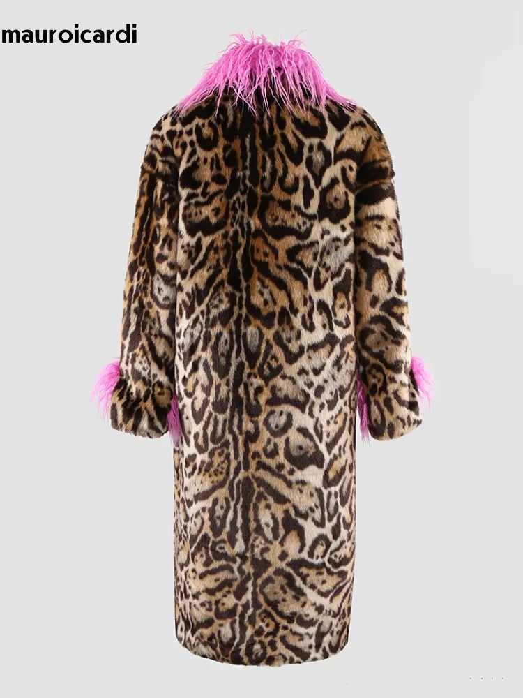 Mauroicardi Winter Long Thick Warm Colorful Leopard Print Patchwork Faux Fur Coat Women Luxury Designer European Clothes 2024XJ241206