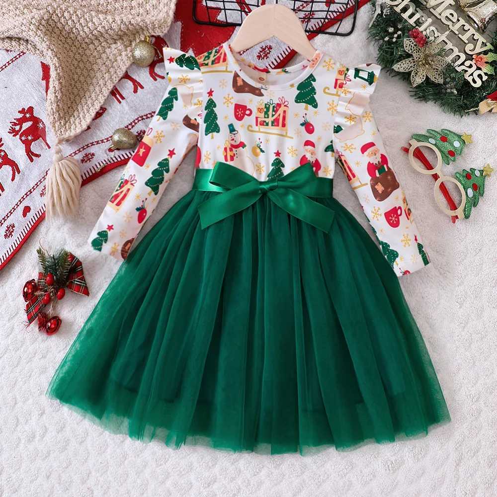 Ceeniu 2-7Y Kids Christmas Dresses For Girls Green Mesh Princess Dress For New Year Par Childrens Costume Festival ClothingXJ241206