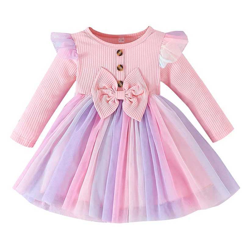 Toddler Kids Girls Spring Princess Dress Long Sleeve Ruffle Tulle Dress Patchwork Dress with BowXJ241206