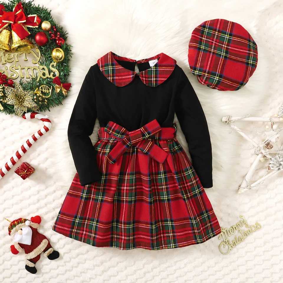 3-7 Years 2PCS Girls Christmas Dress Suit New Year Clothes Plaid Bow Long Sleeve Dress+Hat Children Xmas Par Costumes WinterXJ241206
