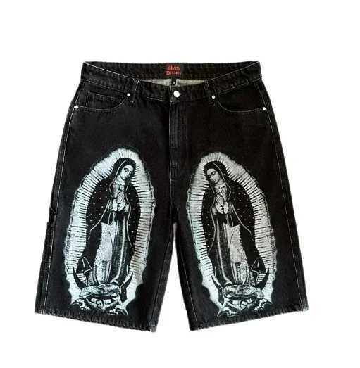 American retro summer denim shorts summer Y2K personalized letter printed shorts hip-hop goth high street loose casual shortsXJ241206