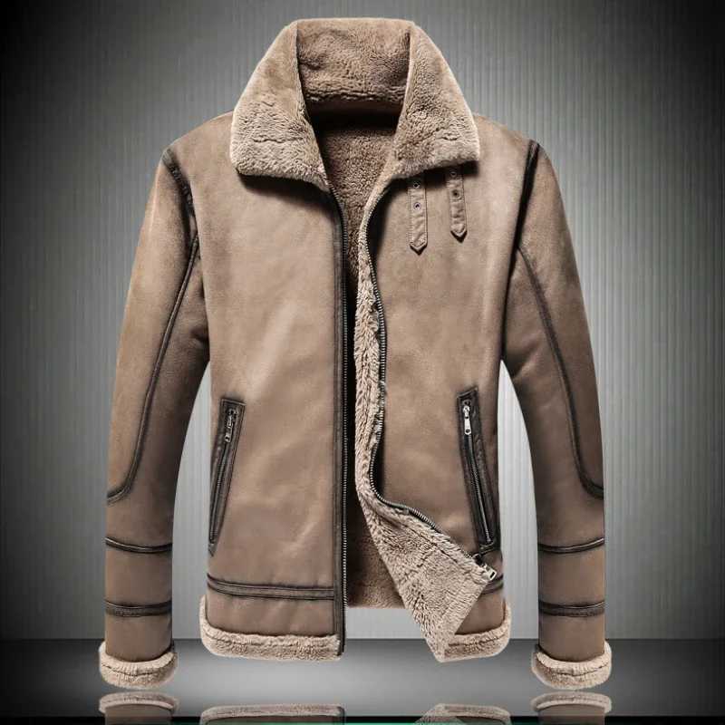 New Men Suede Leather Jacket Winter Warm Outwear Faux Fur Turn-down Collar Coat Buckles Plus Size JacketXJ241206
