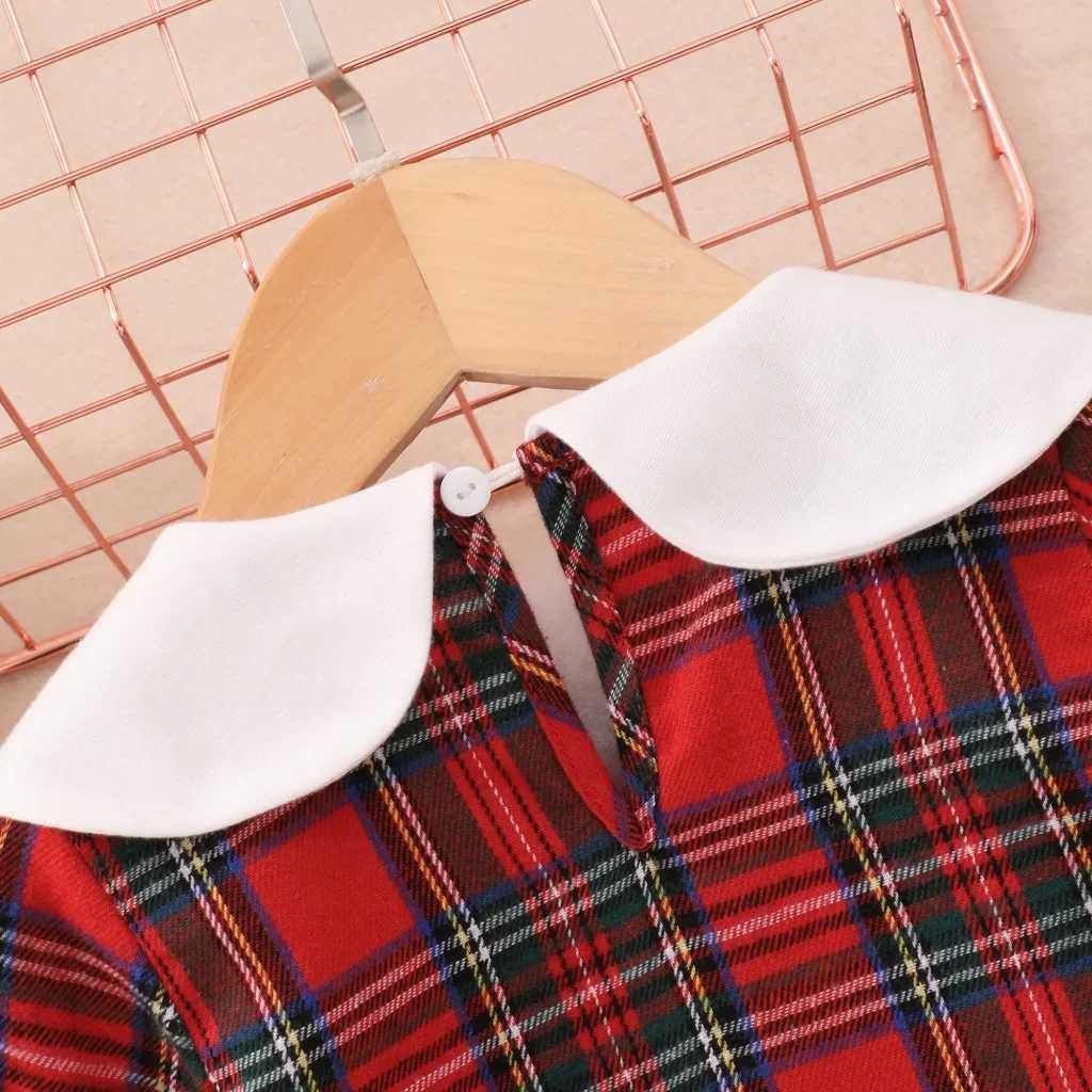 2024 Pret Dress for Baby Girl with Long Sleeve in Red Plaid for Cute Birthday Par Princess Kids 1 To 5 Years Old Clothes SetXJ241206