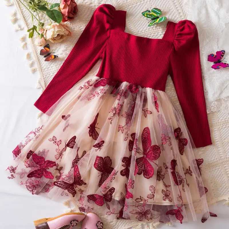 Autumn and Winter Girls New Butterfly Embroidered Mesh Long Sleeve Princess Dress Christmas Birthday Par Red DressXJ241206