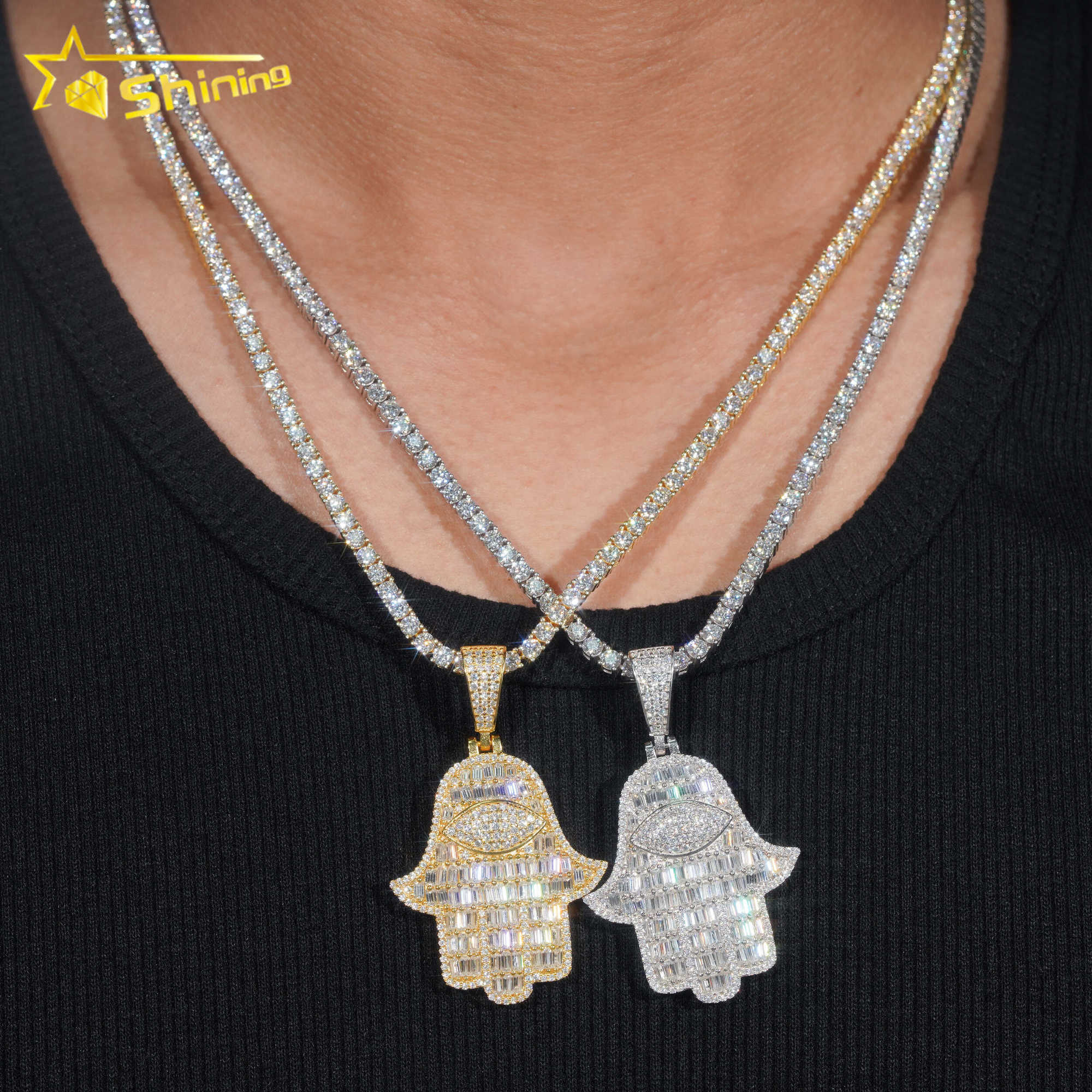 Pass Diamond Tester Baguette Moissanite Hamsa pendant 925 sterling silver GRA moissanite iced out diamond Jewelry Ready To Ship