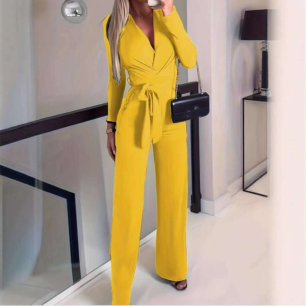 popular elegant solid color V-neck jumpsuit 2024 new casual fashion trend clothing