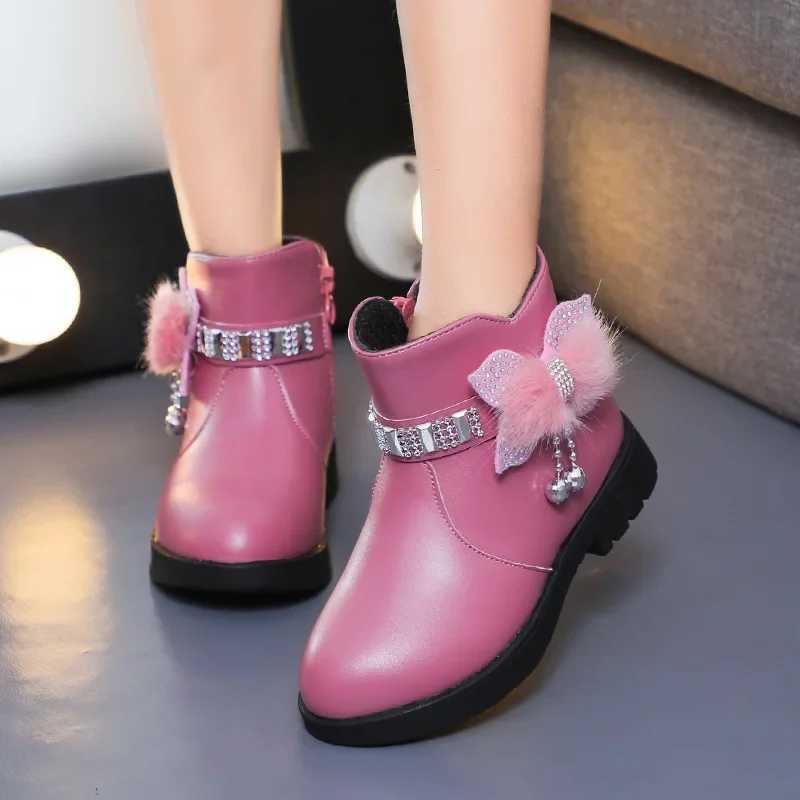 2023 Autumn Winter Girls Boot Soft Leather Ankle Boots Plus Velvet Warm Kids Shoes Toddler Non-slip Cotton Boots Princess ShoesXJ241206