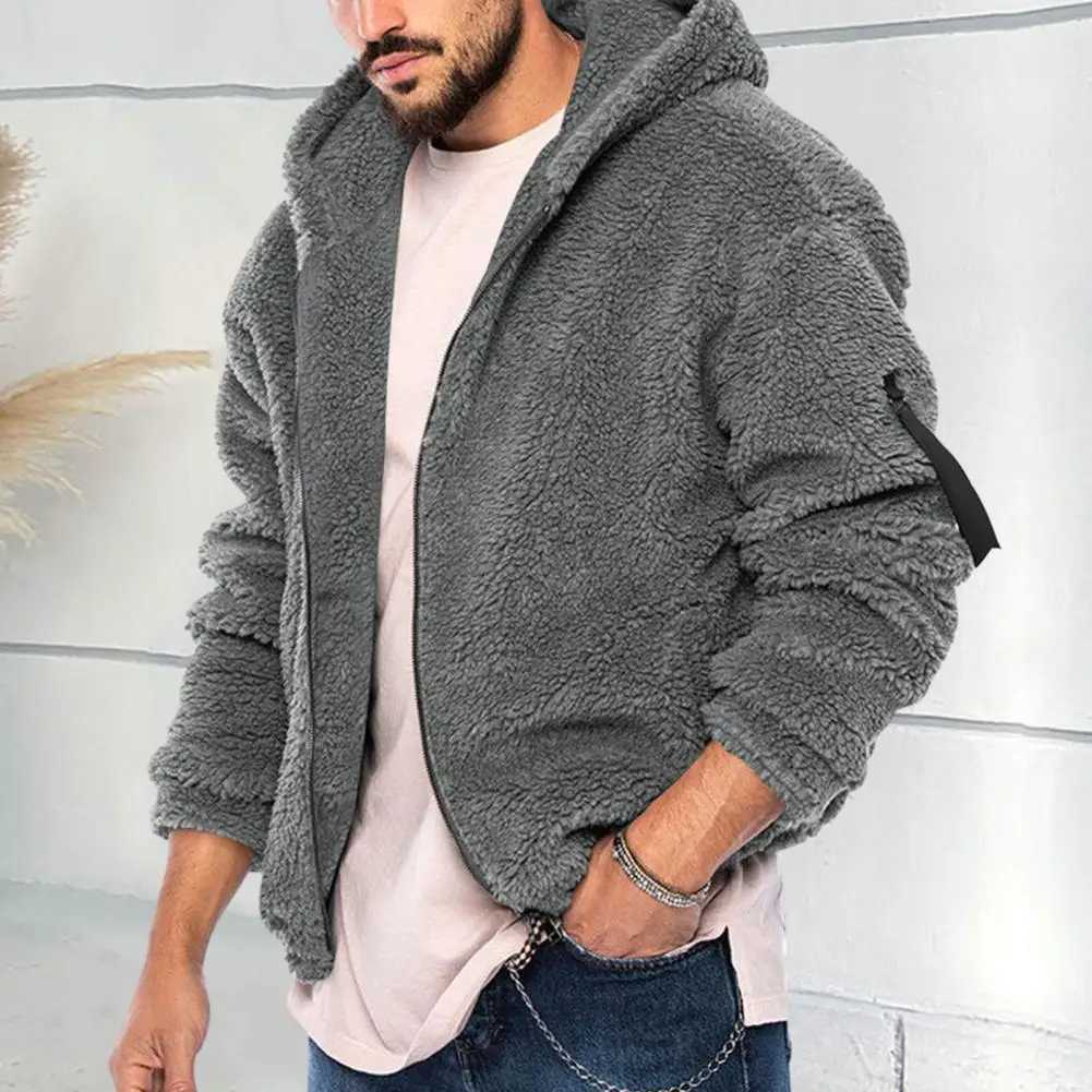 Men Thick Fleece Jacket Mens Trendy Fluffy Hooded Coat with Thickened Fleece Zipper Closure Long Sleeves for Winter for AutumnXJ241206