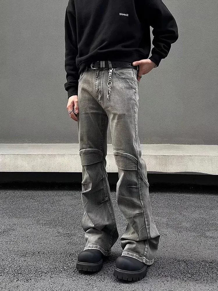 2024 Ropa Y2K Streetwear Vintage Grey Pleated Flare Jeans Pants For Men er Clothes Old Harajuku Goth Long Trousers 241206