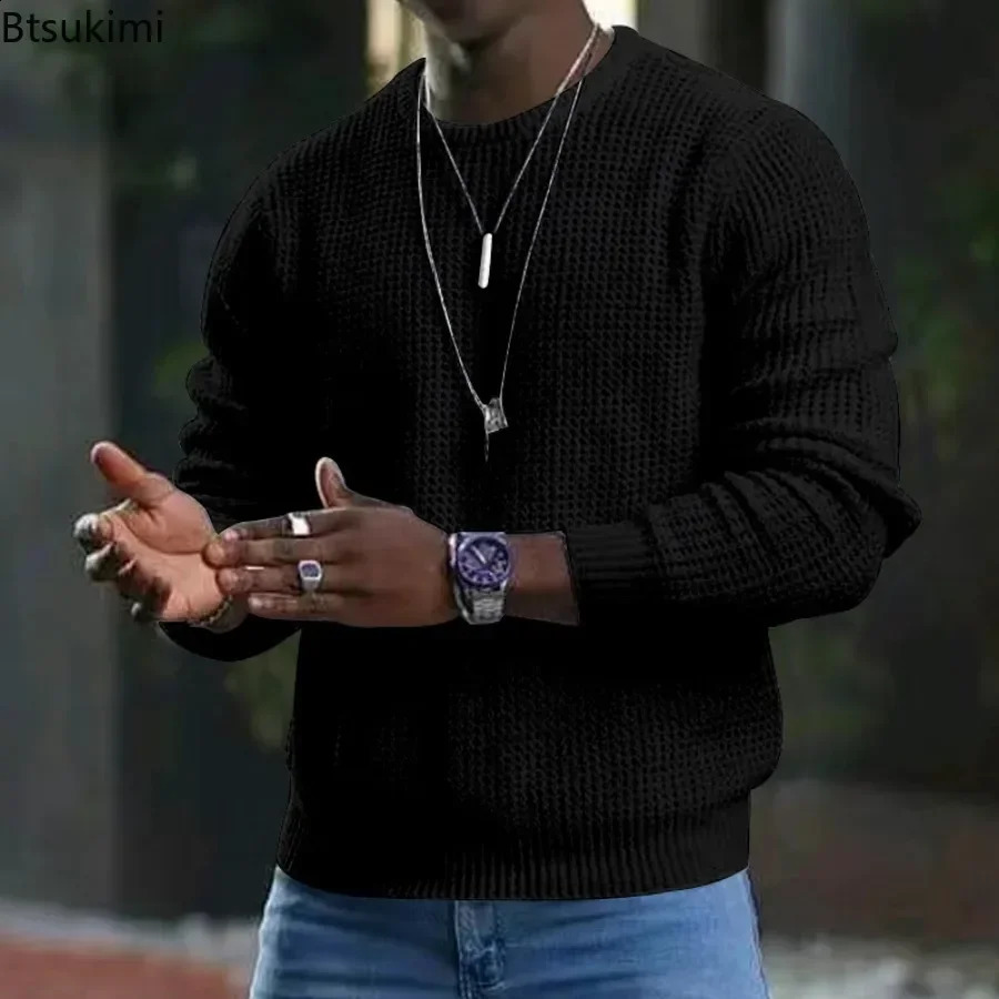 2025 Mens Waffle Knitted Sweaters Solid Loose Casual Oneck Pullover Tops Spring Autumn Long Sleeve Sweatshirt Male Sweater 241205