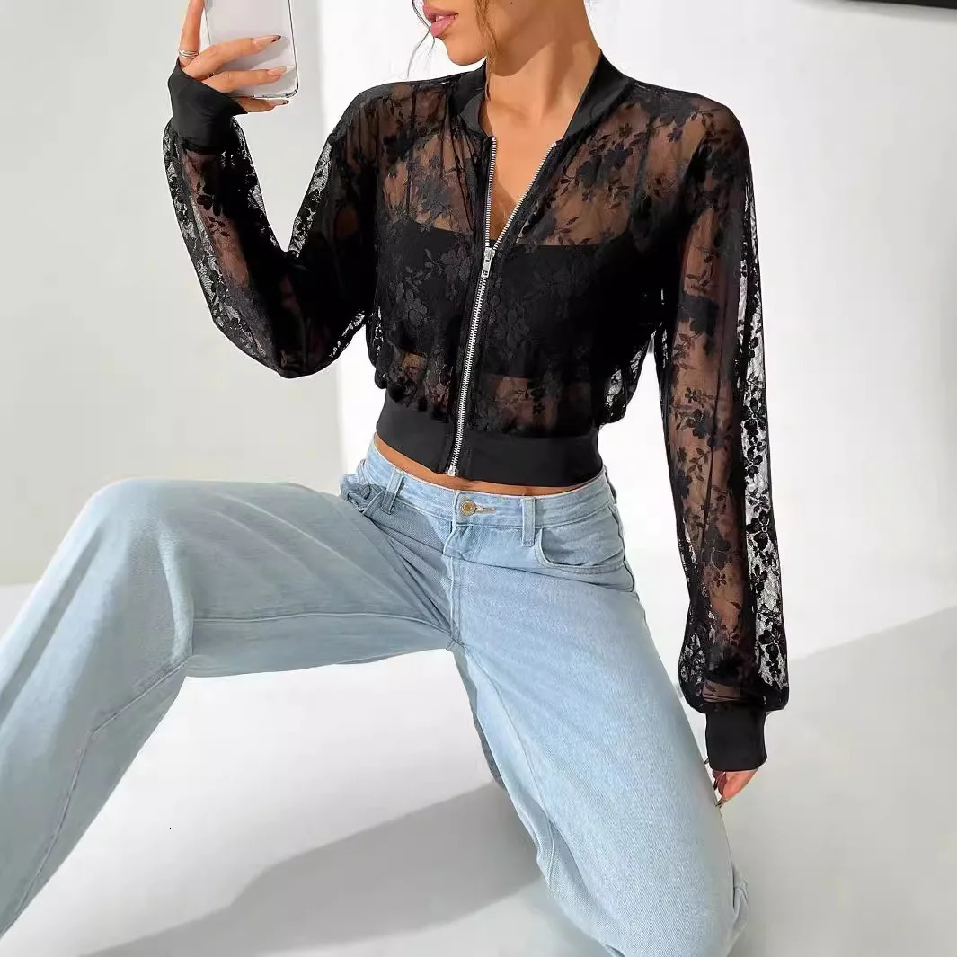Womens Jacquard Lace Perspective Zipper Short Sleeve Jacket Top 241206