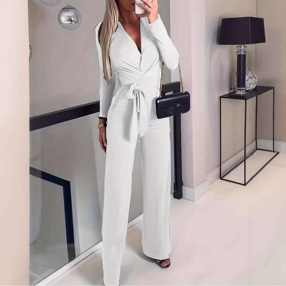 popular elegant solid color V-neck jumpsuit 2024 new casual fashion trend clothing