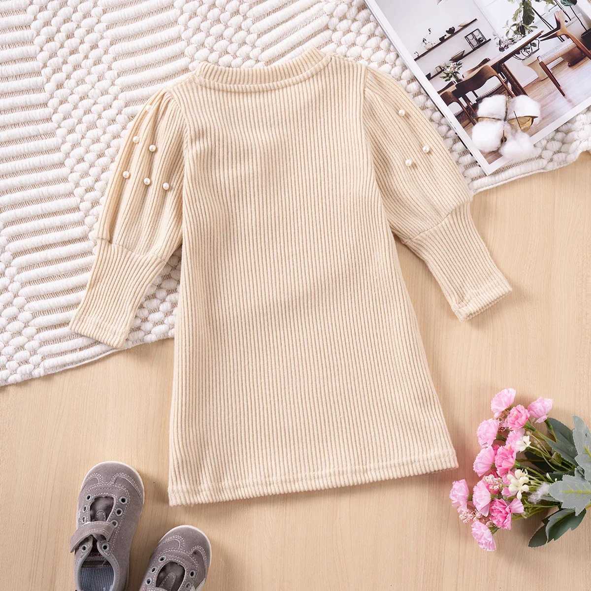 Toddler Girl Spring/Autumn Baby Girl Dress Solid Color Bow Long Sleeve Crew Neck Dress Fashion Bead Decorative Princess DressXJ241206