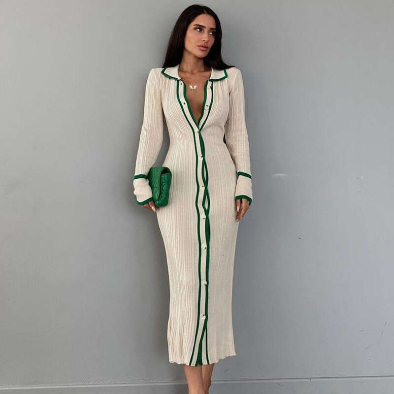European and American slim fit lapel patchwork women's long sleeved cardigan dress 2024 new casual fashion trend clothing