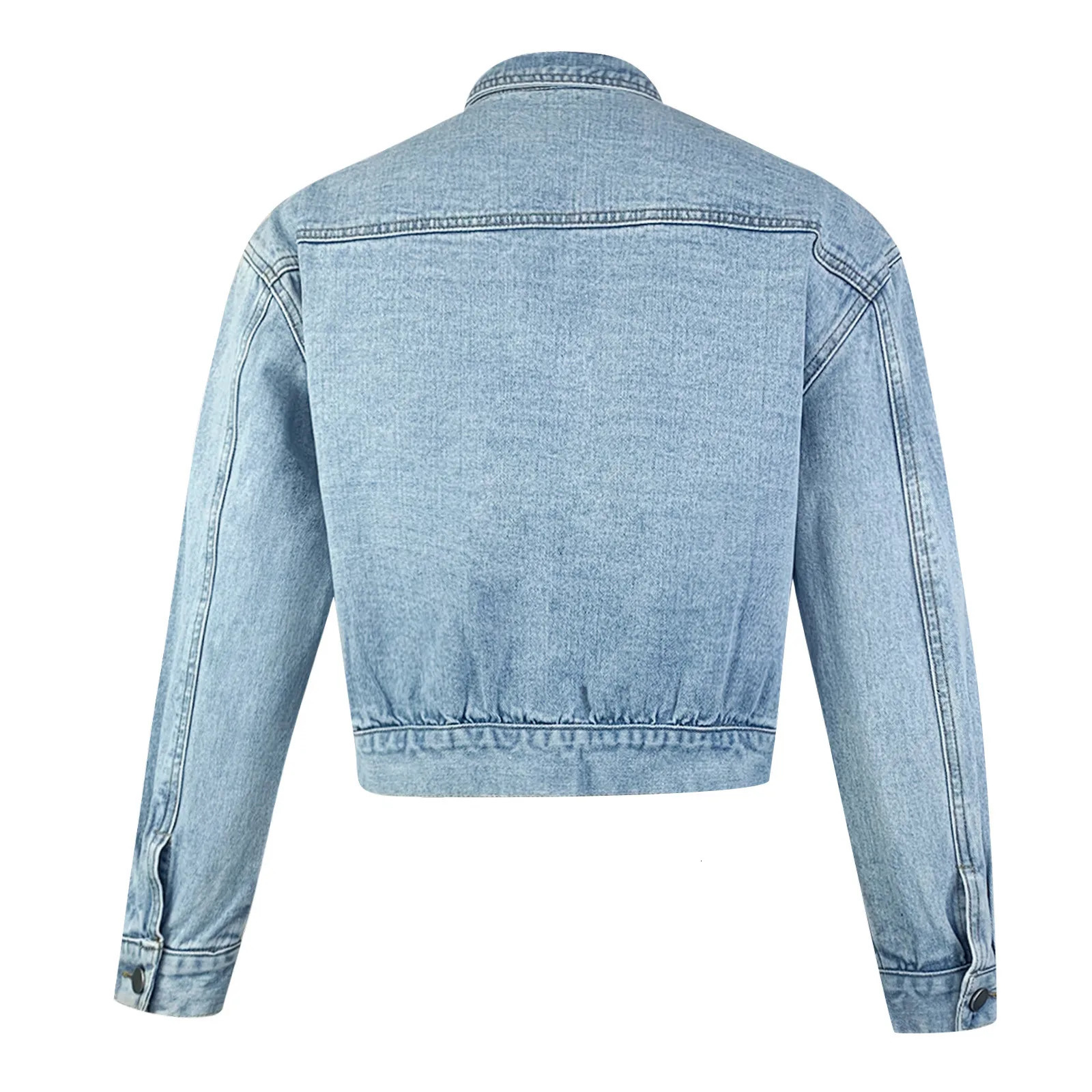Womens short denim jacket long sleeved single chest shoulder pocket womens clothing crop top 241206