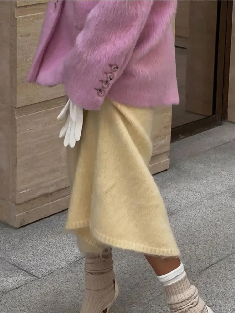 Fashion Pink Lapel Long Sleeve Blazer Jacket Warm Thick Single Breasted Loose Outwear Office Lady Commute Streetwear 241205