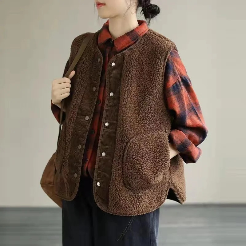 DoubleSided Wear Lamb Wool Vest Women Autumn Winter Loose Sleeveless Corduroy Waistcoat Jacket Fashion Pocket Gilet Femme 241205Z