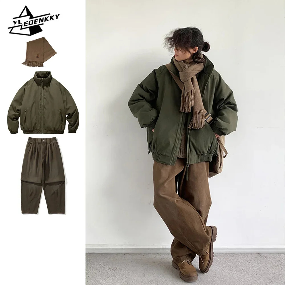Winter Retro Set Men Women Thickened Warm Lightweight ParkLoose Straightleg Wideleg Casual Cargo Pants Japanese Unisex Suit 241205