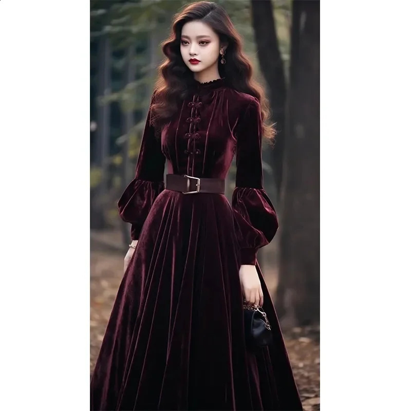 Autumn and Winter Womens Velvet Dress Fashion Evening Dress Party Long Dress Style Super Beautiful Purple and Red Velvet Dress 241206