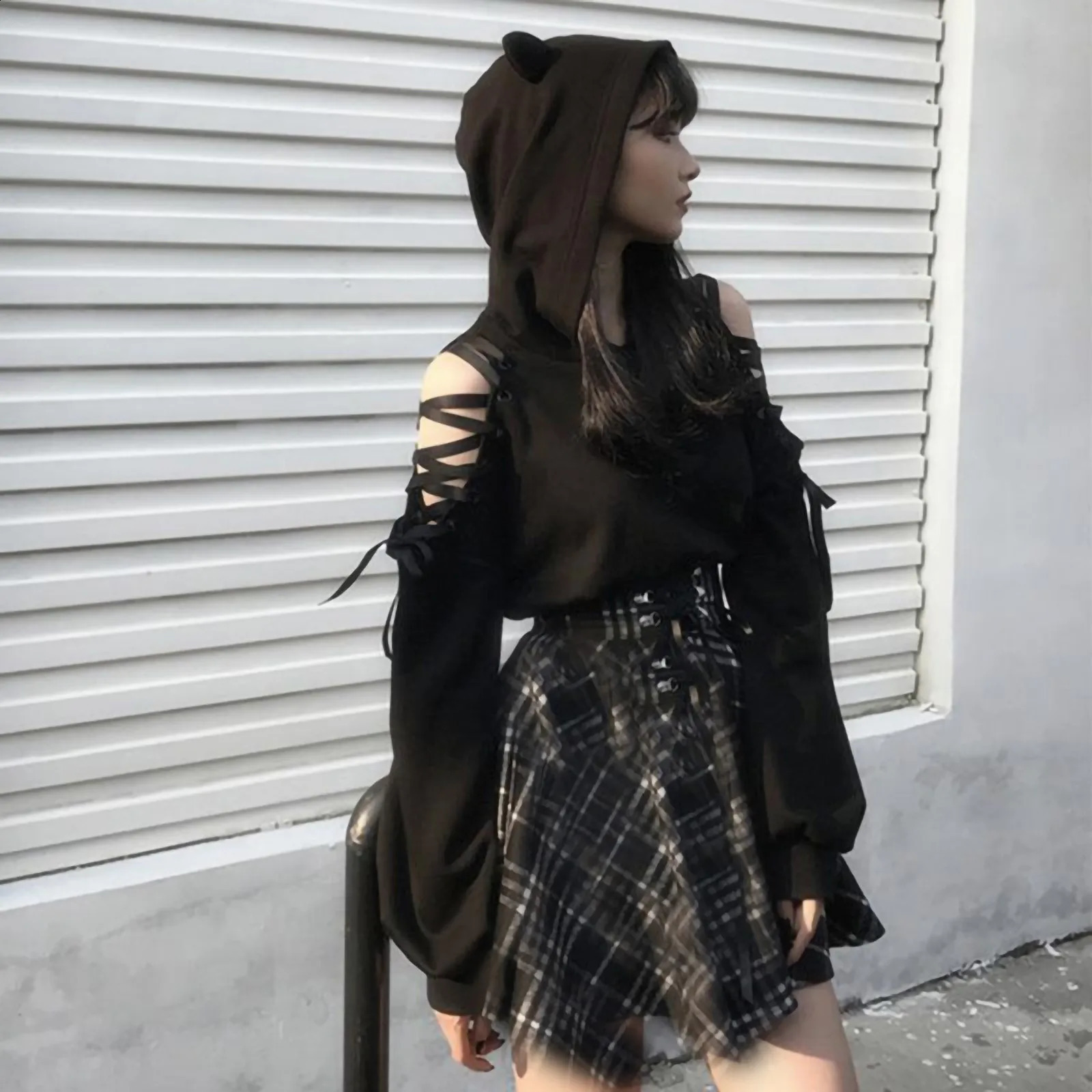 Y2k Gothic Off Shoulder Cat Ear Pullover For Women HollowOut Lace Up Sweatshirt Kpop Crop Tops Long Sleeve Hooded Hoodie 241203