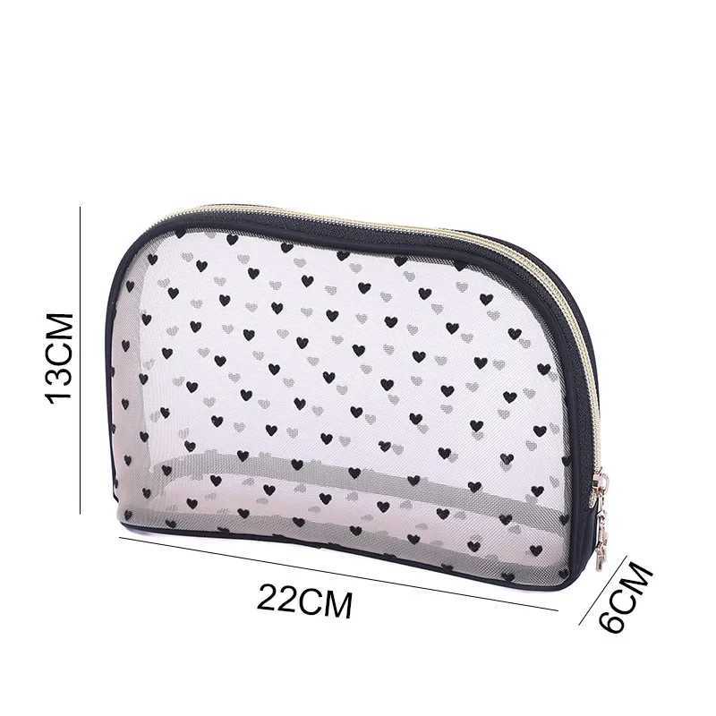 Mesh Cosmetic Makeup Bags Case Holder Cute Transparent Zipper Black Heart Printed Pencil Pen Case Pouch Cvenient To CarryXJ241206