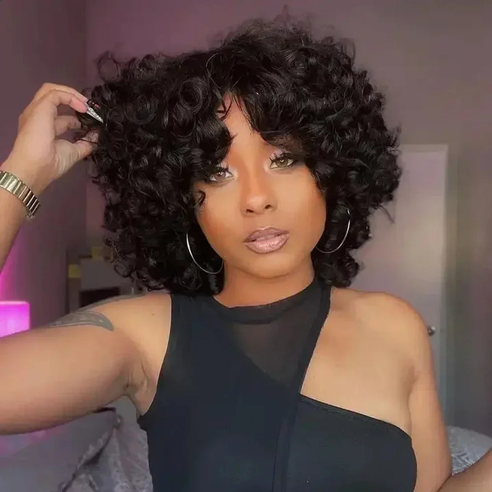 Fluffy bouncing curly human hair wig with bangs perruques cheveux humains 180% density Funmi curly short bob wig suitable for black women 241206