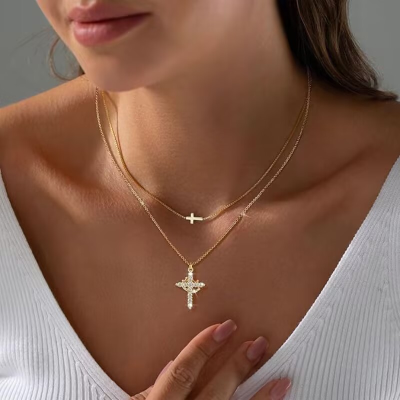 Other Cross Crown Pendant Choker Necklace - Silver/Gold Chain Trendy Jewelry for Women Men Girls Party Holiday Gift S25315
