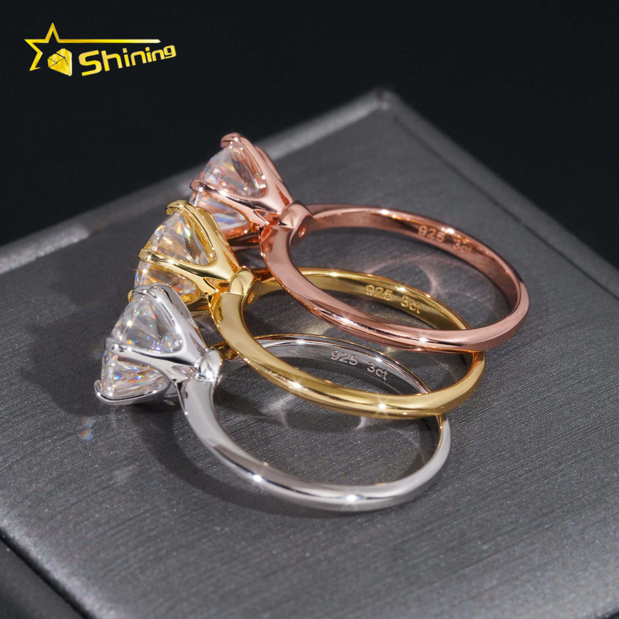 Classical 6Prongs Setting Wedding Ring 925 Sterling Silver 18K Gold Plated Pass Diamond Tester Moissanite Engagement Ring