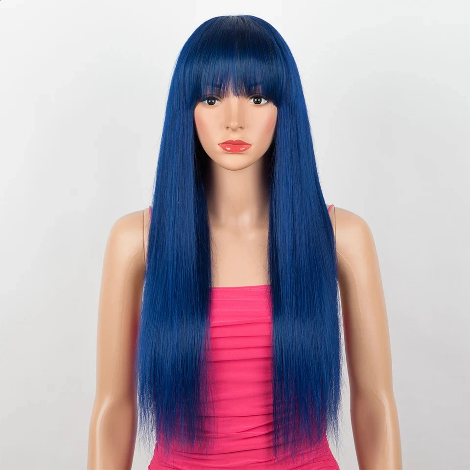 Blue straight wig with bangs Brazilian Remy natural straight wig female royal blue straight wig cosplay wig 241206