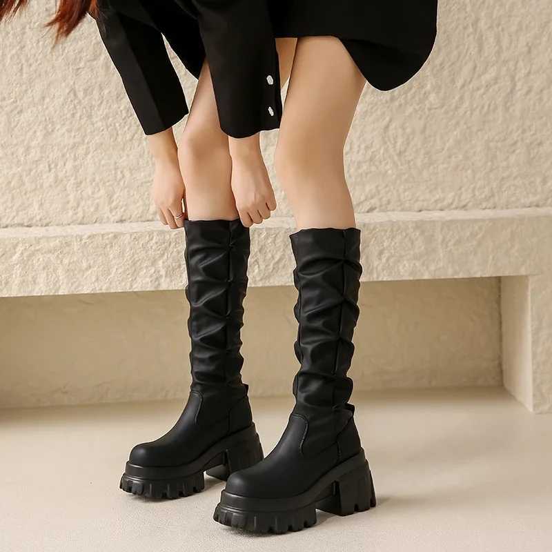 High Quality Warm motorcycle Lg boots autumn and winter warm knee high boots leather boots womens thick soled platform Botas MUJI high H T241206