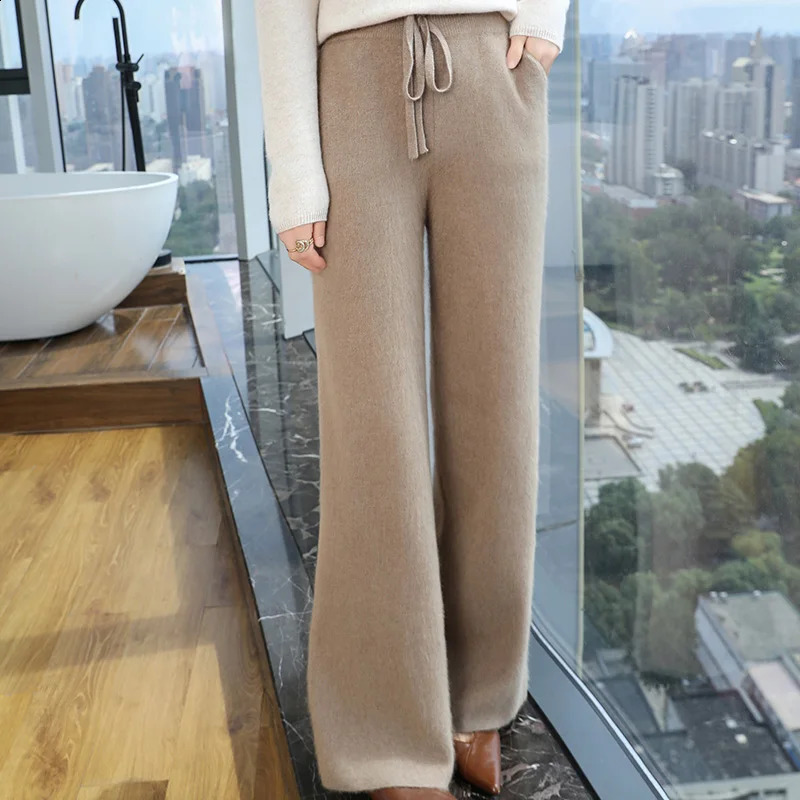 Mink cashmere pants for women in autumn and winter high waisted straight pants fashionable and casual knitted wide leg pants mop pants 241202