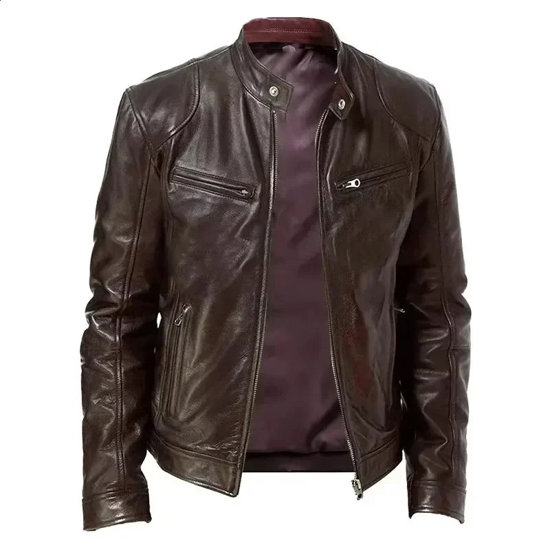 Mens Standup Collar Jacket Autumn and Winter Leather Zip Biker Leisure Slim 241202