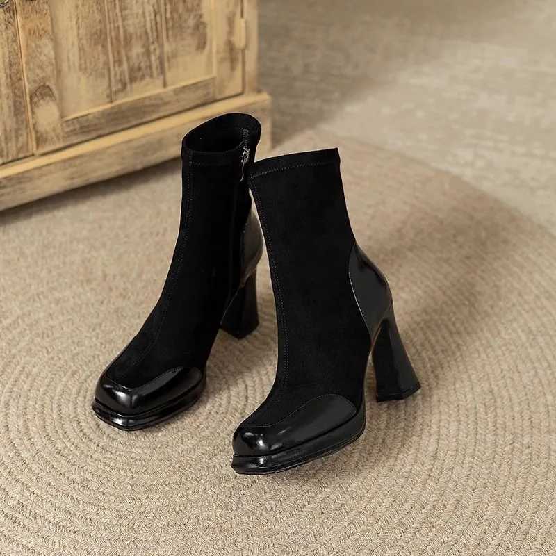 High Quality Thick heel short boots thin boots and suede high-temperature boots for warm autumn and winter splicing waterproof platforms T241206