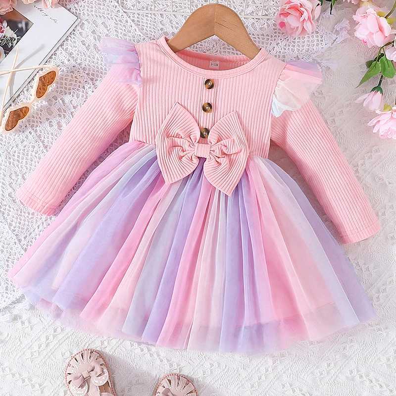 Toddler Kids Girls Spring Princess Dress Long Sleeve Ruffle Tulle Dress Patchwork Dress with BowXJ241206