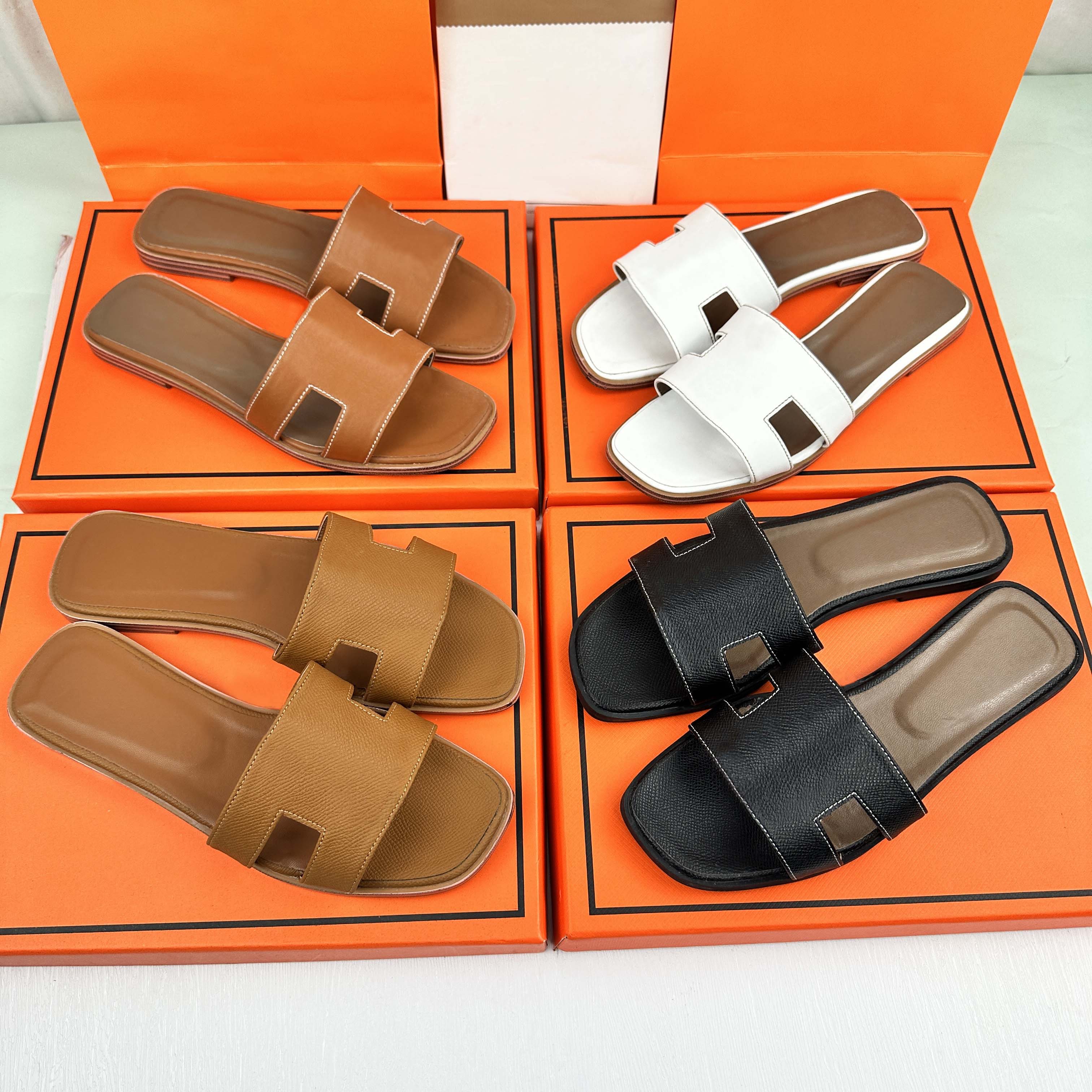 Hot Designer Sandals Luxury Women's Orange Slippers Summer Leisure Fashion Men's Genuine Leather Vacation Beach Slippers 35-42 07