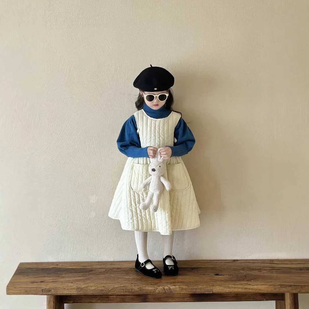 4782 Buy 2pcs Wholesale Korean Girls Sleeveless Quilted Lace-up Dress in Autumn and Winter 2024 Girls Vest SkirtXJ241206