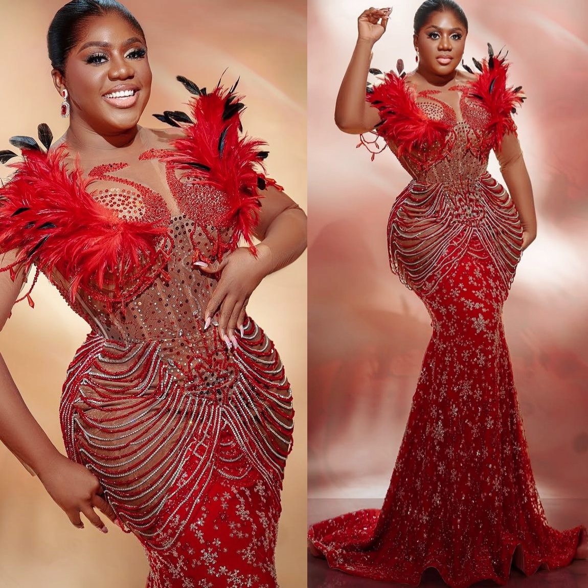 Red Illusion Mermaid Prom Dresses 2025 Feather Beadings Sequined Evening Formal Party Second Birthday Engagement Gowns Plus Size Dress For Special Occ