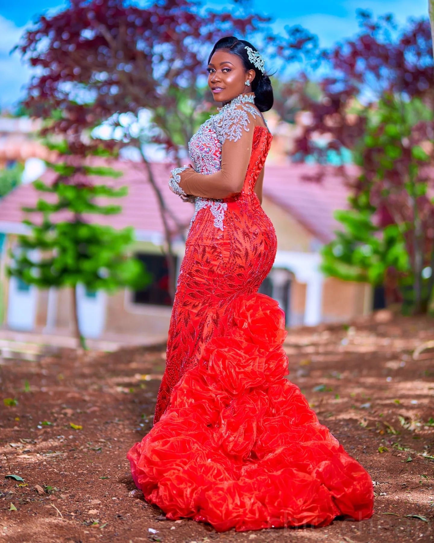 Red Mermaid Prom Dresses 2025 Lace Rhinestones Full Sleeves Luxurious Evening Formal Party Second Birthday Engagement Gowns Plus Size Dress For Specia