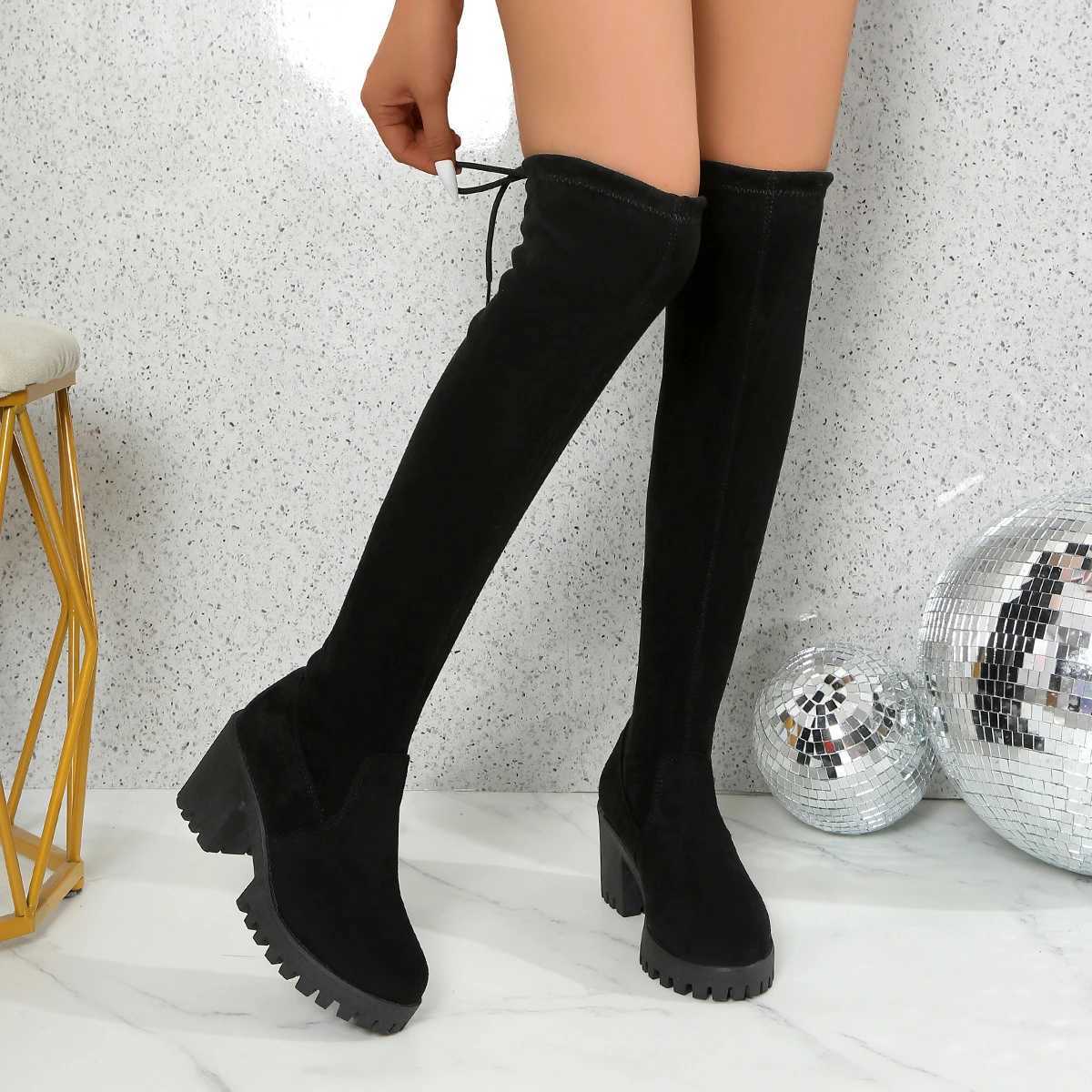 High Quality Warm boots winter black knee high new Cfort lace short and chubby high H shoes warm round toes Lg tube boots T241206