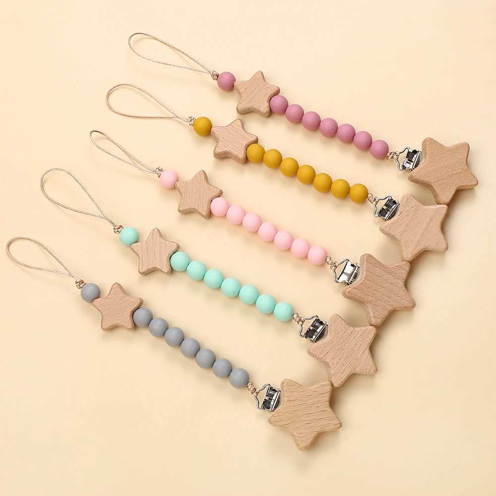 Pacifier Holders Clips# New Wooden Pentagram Beech Clip Baby Pacifier Chain Silicone Beads Dummy Nipple Holder Guard Teether Pendant Newborn Toys Gift