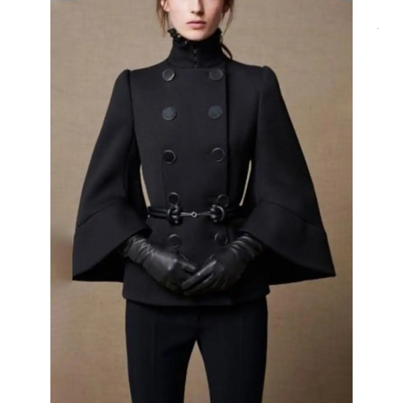 Modigirl Womens England Jackets Coatsbuttoned Black Fall Wnter Spring Long Flared Sleeves High Neck Outerwear For Ladies