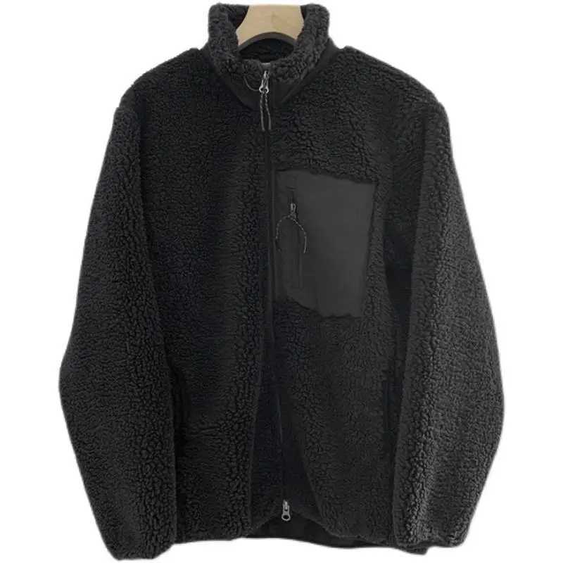 Autumn and Winter Japanese Mens and Womens Fleece Stand Neck Jacket Couple Zipper Loose Warm Lamb Wool Coat Solid Color JacketXJ241206