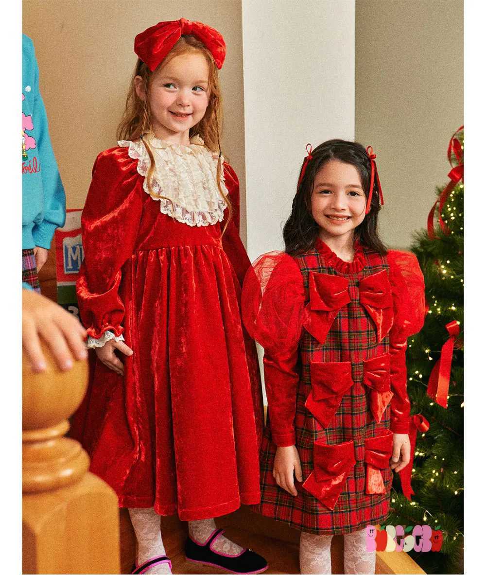 Christmas New Year dress! BE childrens New Year dress Autumn and winter girls Korean version red plaid thickened dress ChildrenXJ241206